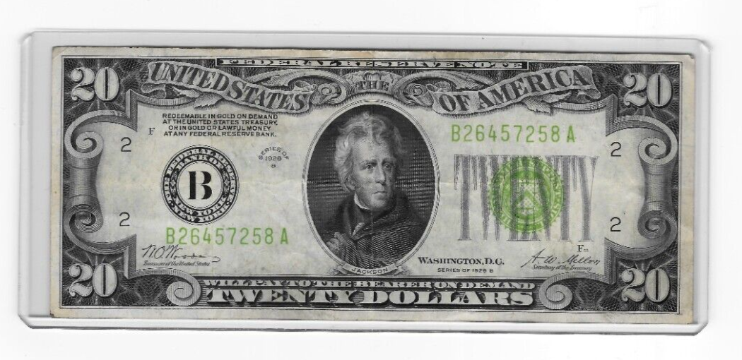 1928 Federal Reserve Bank New York $20 Note Redeemable in Gold Large B CN660