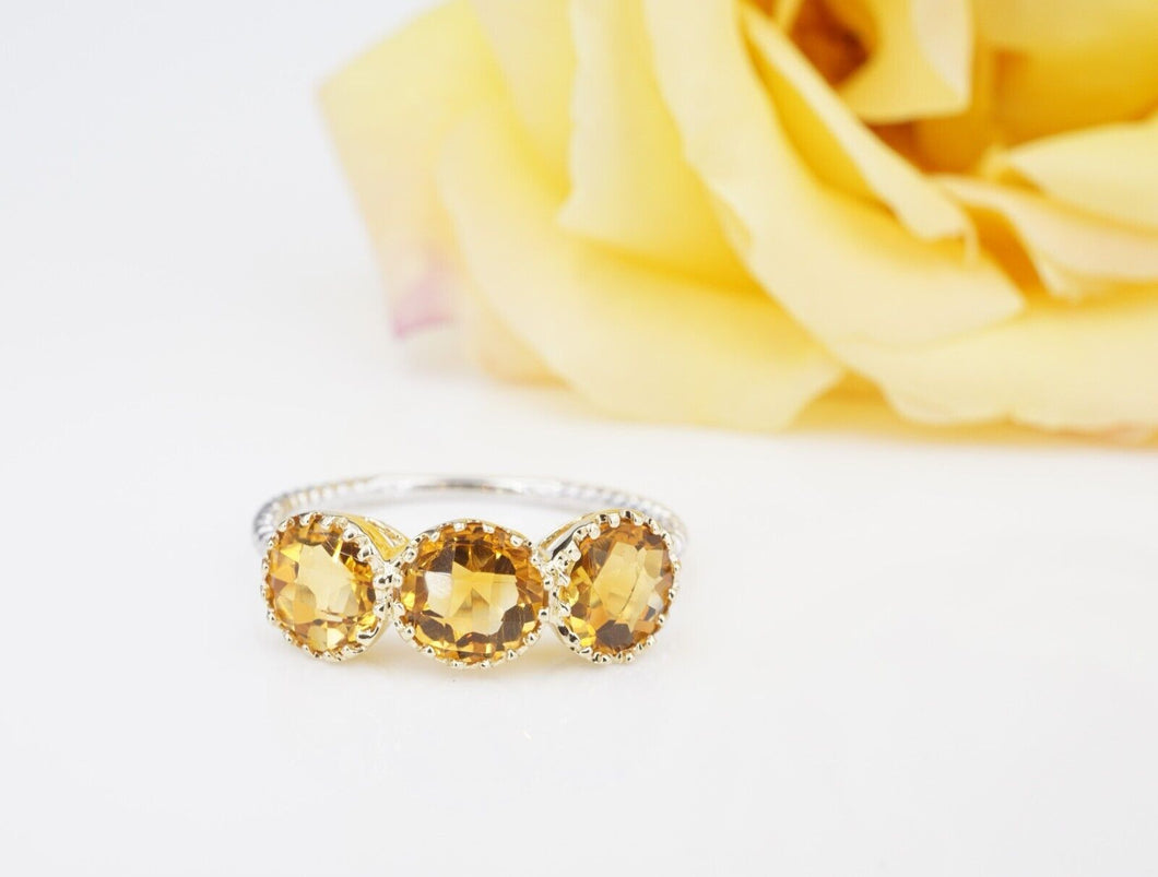 Vintage 14K 2-Tone White Yellow Gold Citrine 3 Stone Stacker Ring Sz 8.25 RG4130