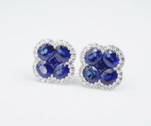 NWT 18k White Gold 3ct Diamond Halo Natural Sapphire Quatrefoil Earrings EG1842