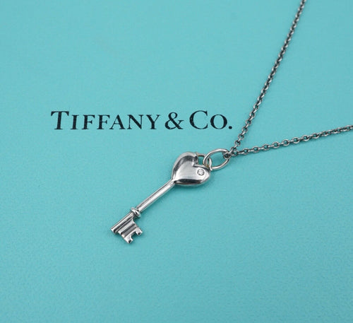 Tiffany Key Diamond Necklace Sterling Pendant w/ Peretti Chain 18