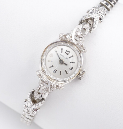 Ladies Vintage 14k Diamond Bulova Watch White Gold 6