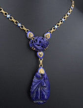 Antique 14k Yellow Gold Enamel Carved Lapis Floral Y Pendant Necklace 17" NG1462