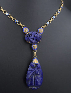 Antique 14k Yellow Gold Enamel Carved Lapis Floral Y Pendant Necklace 17" NG1462