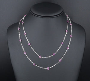 18k Dancing Diamond Station Necklace Pink Sapphire White Gold 36" NG1029