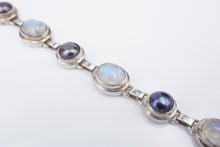 Sterling Silver Moonstone Black Pearl Link Bracelet 7" Vintage Cabochon BS2923