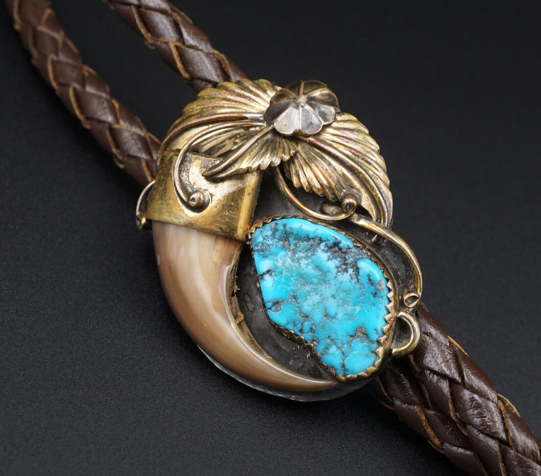 Navajo Artisan Sterling Silver Turquoise Cabochon Bolo Tie 2.5