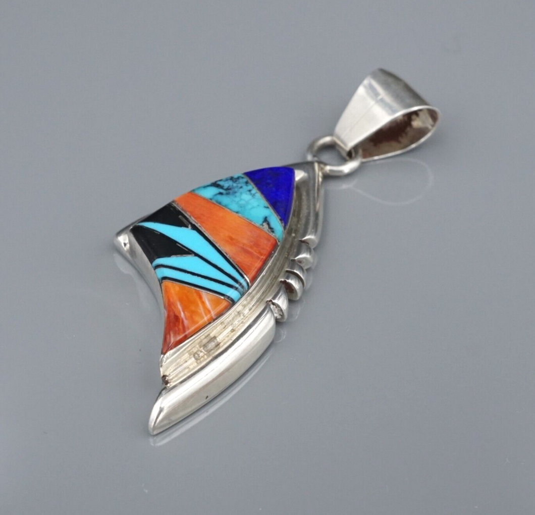Navajo Laura Lincoln Sterling Silver Turquoise Mixed Stone Inlay Pendant PS2175