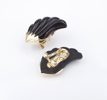 Unique Black Onyx Earrings 14k Yellow Gold 0.9" Carved Wing Feather EG2329