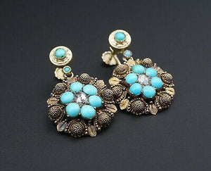 Antique 14k Yellow Gold Turquoise Rose Cut Diamond Ornate Dangle Earrings EG1598