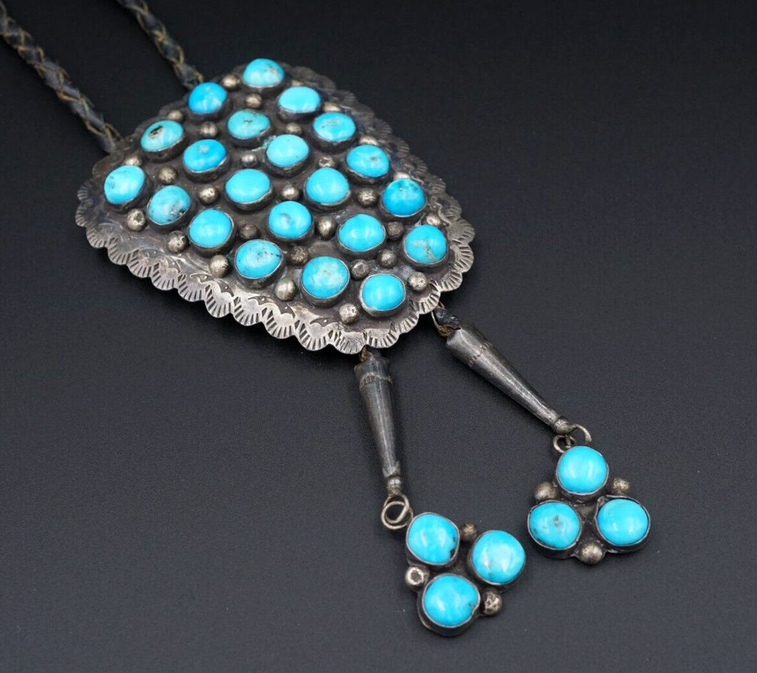 Vintage Navajo Sterling Silver Blue Turquoise Bolo Tie 38