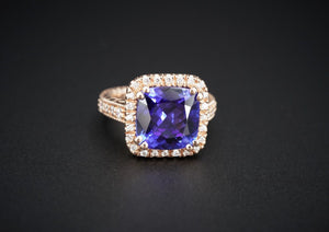 14k Rose Gold 6.25 carat Tanzanite Diamond Halo Cocktail Ring Size 7 CO1054