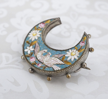 Antique Micro Mosaic Inlay Dove & Floral Crescent Brooch OS649