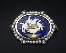 Antique 14k Pietra Dura Lapis Mosaic Pliny's Doves Diamond Pearl Brooch OG393