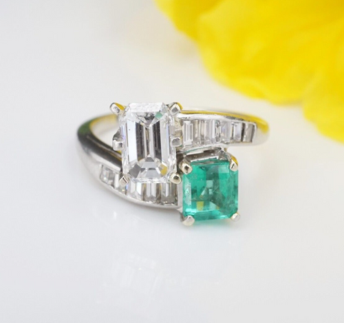 Vintage Platinum Toi et Moi 2ct Diamond Emerald Engagement Ring Size 5 RG3523