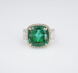 18k Gold 8.3ct Natural Emerald Diamond Halo Cocktail Ring Size 6 AGL Cert CO1058