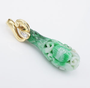 Vintage AJF 18k Gold Green Nephrite Carved Jade Diamond Pendant 1.6" PG1782
