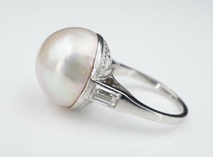 Vintage Mabe Pearl Diamond Ring Platinum Size 6.75 15 mm RG3123