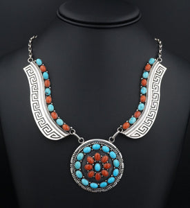 E. Etsitty Navajo Sterling Silver Coral Turquoise Wing Bib Necklace 21" NS2062