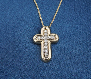 Vintage 14k Yellow Gold Diamond Cross Pendant Necklace 16-18" Adjustable NG1518