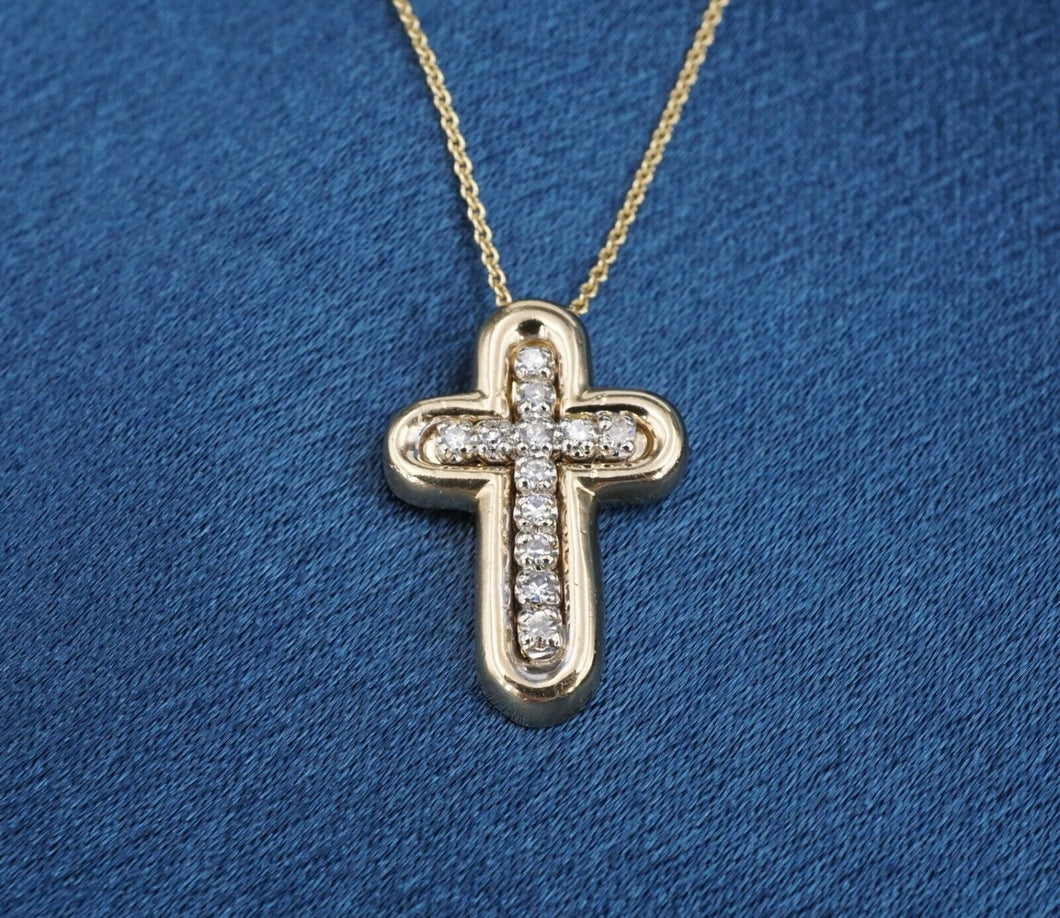 Vintage 14k Yellow Gold Diamond Cross Pendant Necklace 16-18