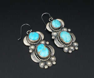 Navajo Sterling Silver Blue Turquoise Squash Blossom Necklace & Earrings NS2048