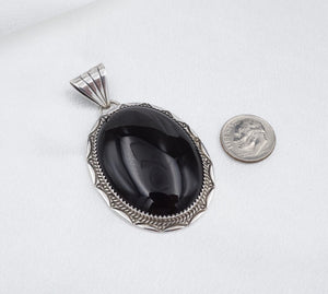 Navajo Yazzie Sterling Silver Pendant Black Onyx Cabochon 2.25" Vintage PS2121