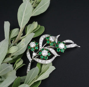 Vintage Platinum Emerald Diamond Brooch 14k 18k Gold 3.3 ctw Leaf 1.9" OG487