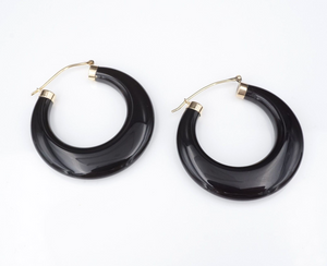 Vintage Retro Hoop Earrings Black Onyx 14k Yellow Gold 1.75" Free Ship EG2292