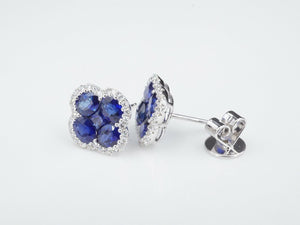 NWT 18k White Gold 3ct Diamond Halo Natural Sapphire Quatrefoil Earrings EG1842