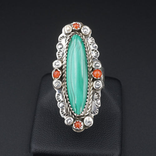 Navajo Malachite Coral Ring Sterling Silver Size 7 1.7