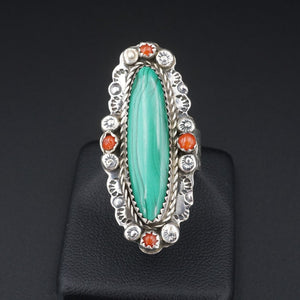 Navajo Malachite Coral Ring Sterling Silver Size 7 1.7" Long Signed E RS3389