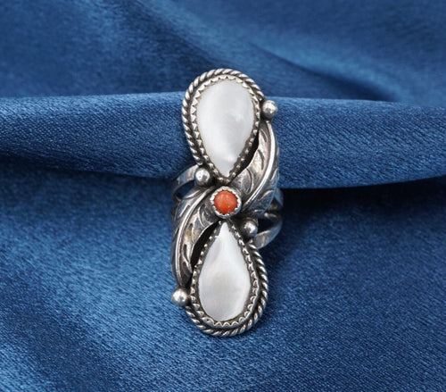 Navajo Sterling Silver Mother of Pearl Coral Ring Sz 7.25 Artisan Signed RS3428