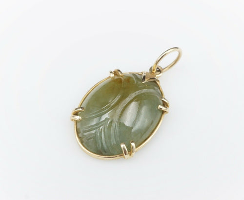 Mings Vintage 14k Yellow Gold Green Nephrite Carved Jade Pendant 1.3