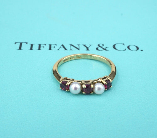 Tiffany & Co 18k Ruby Pearl Band Ring Stackable Yellow Gold Size 5 RG4375