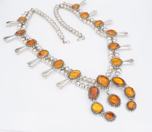 Vintage Navajo Squash Blossom Necklace Amber Sterling Silver 26" NS2163