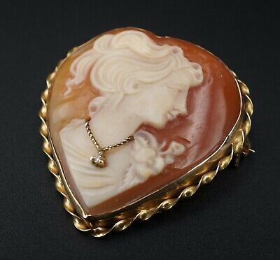 Vintage 14k Gold Heart Carved Shell Cameo Diamond Pendant Brooch 1.2