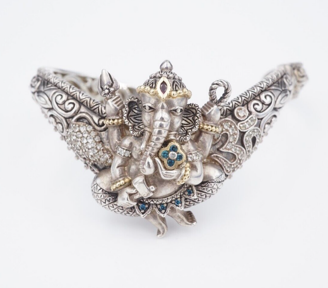 Barbara Bixby Sterling 18K Blue Diamond Gems Ganesh Cuff Bracelet Pouch BS2860
