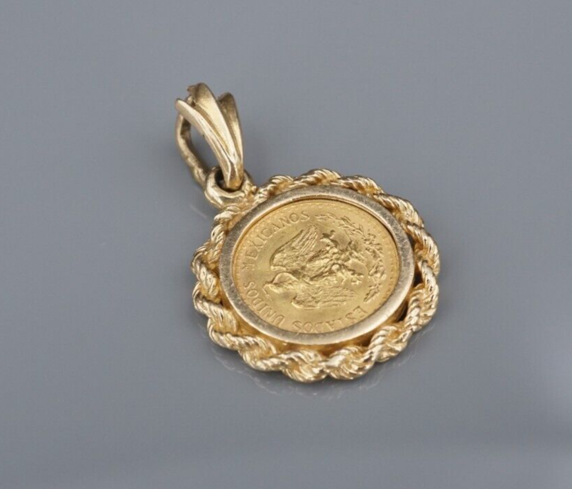 Vintage 1945 2 Pesos Gold Coin 14k Charm Pendant Yellow Gold 0.9