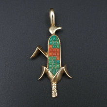 14k Zuni Inlay Corn Pendant Turquoise Coral Yellow Gold Hand Signed D.P. PG1506