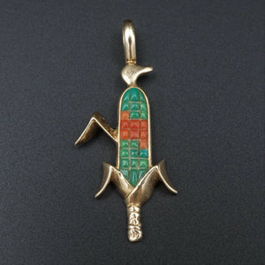 14k Zuni Inlay Corn Pendant Turquoise Coral Yellow Gold Hand Signed D.P. PG1506