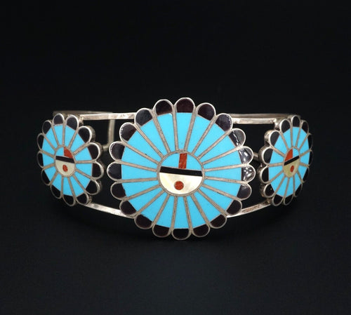 Zuni Sunface Cuff Bracelet Sterling Turquoise Inlay Adrian Wallace 7.25