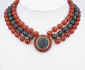 Trianon 14k Gold 3-Strand Carnelian Bloodstone Cameo Bead Necklace 15" NG1405