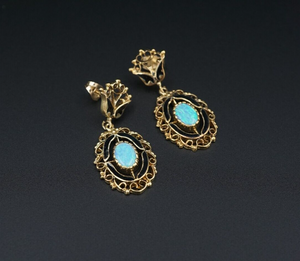 14k Yellow Gold Natural Opal Black Enamel Earrings Dangle 1.5" Vintage EG2434