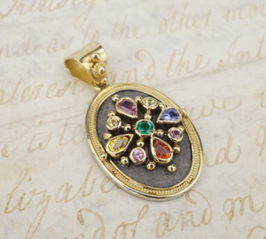 18k Yellow Gold Dovris Greek Old World Emerald Sapphire Pendant PG1801