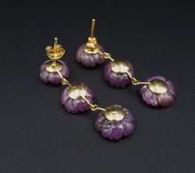 18k Gold Carved Sapphire Diamond Flower Dangle Earrings Purple 1.6" EG2455