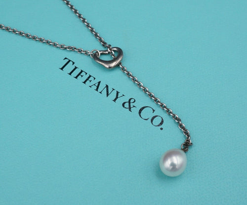 Tiffany & Co Open Heart Pearl Necklace Elsa Peretti Sterling Silver 19