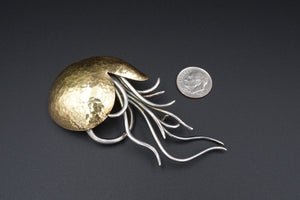 Calf & Dragon Sterling Silver Hammered 14k Gold Giant Nautilus Brooch 3.5" OS585