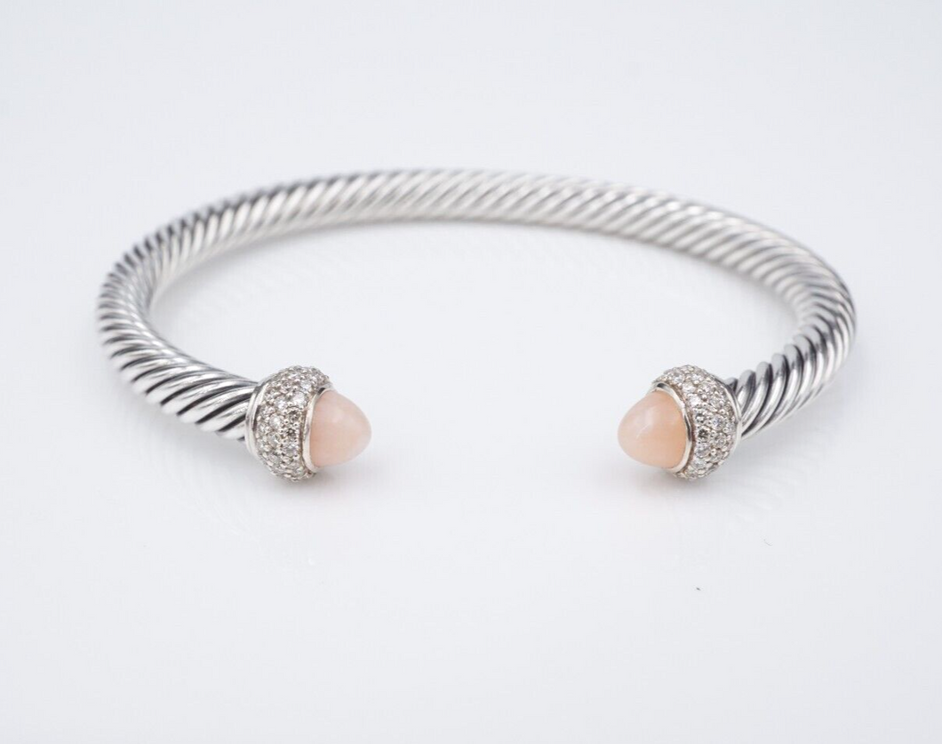 David Yurman Cable Classic Bracelet Sterling Silver Diamond Pink Opal 5mm BS2913