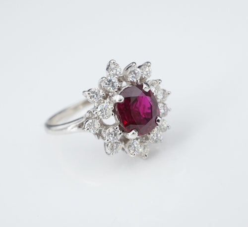 14k White Gold Cushion Ruby Diamond Floral Halo Ring Size 6.5 RG3653