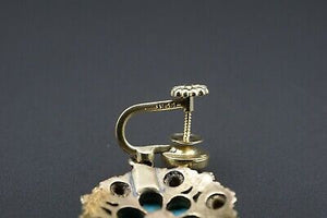 Antique 14k Yellow Gold Turquoise Rose Cut Diamond Ornate Dangle Earrings EG1598